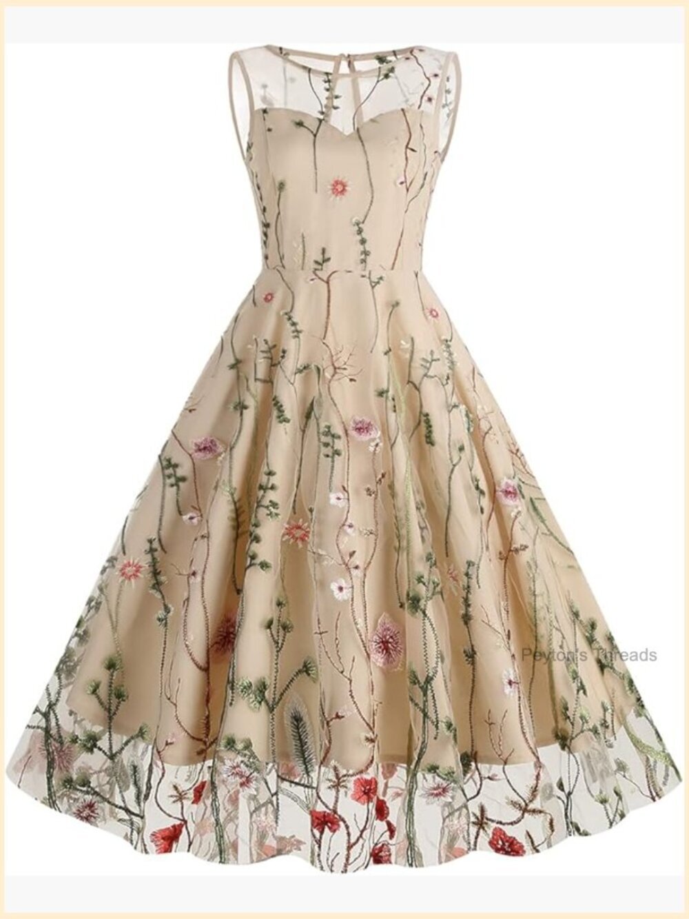 Women's Vintage Floral Embroidered Sheer Mesh Cocktail Swing Dress Sleeveless